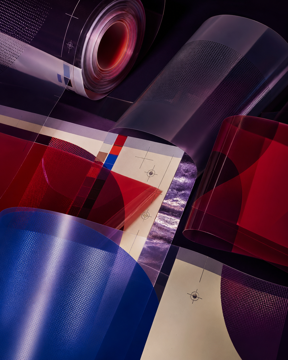 Artistic composition of flexible film, color fields, and registration marks