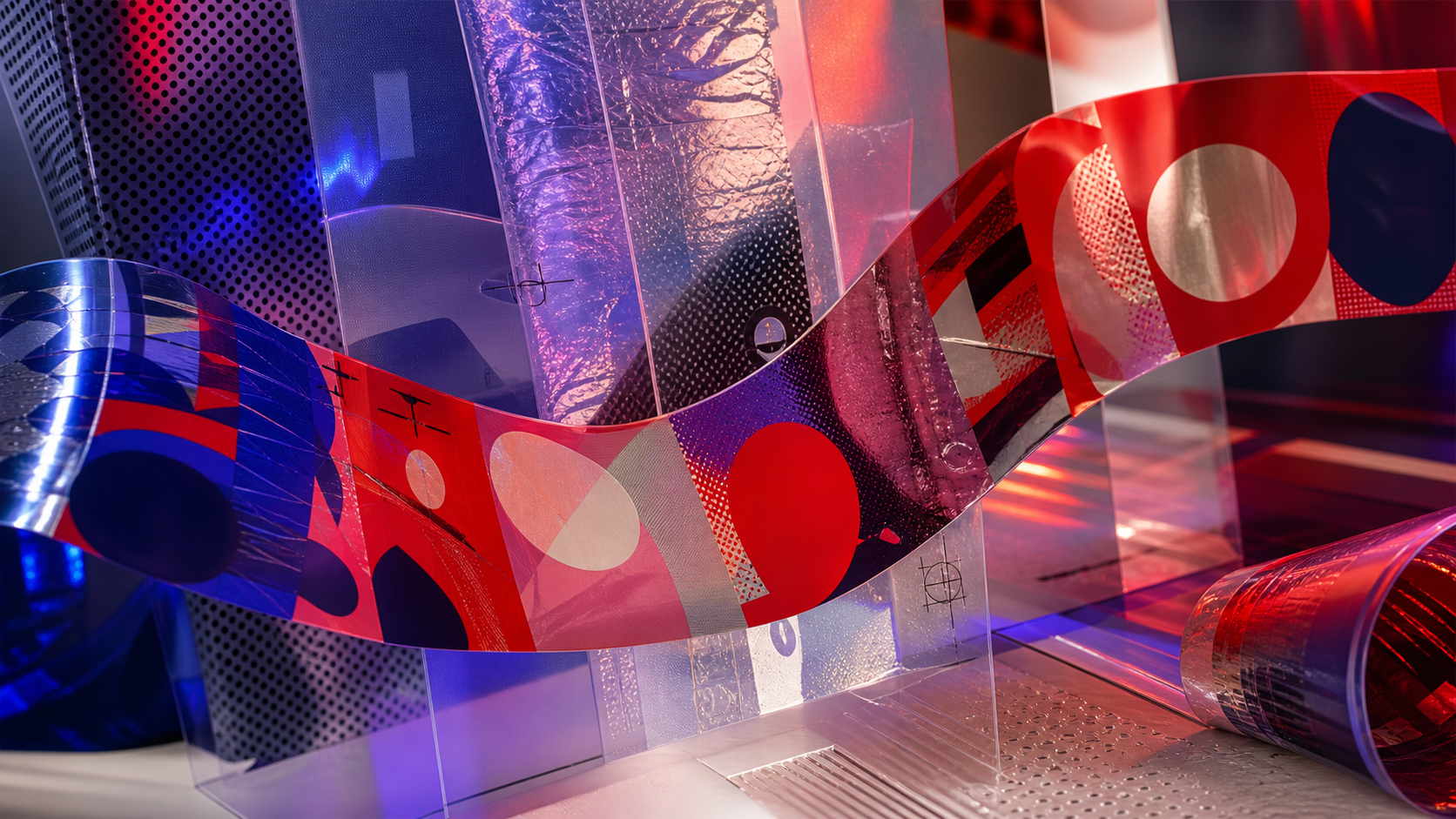 Artistic collage of printed film, color, laminates, and technical marks