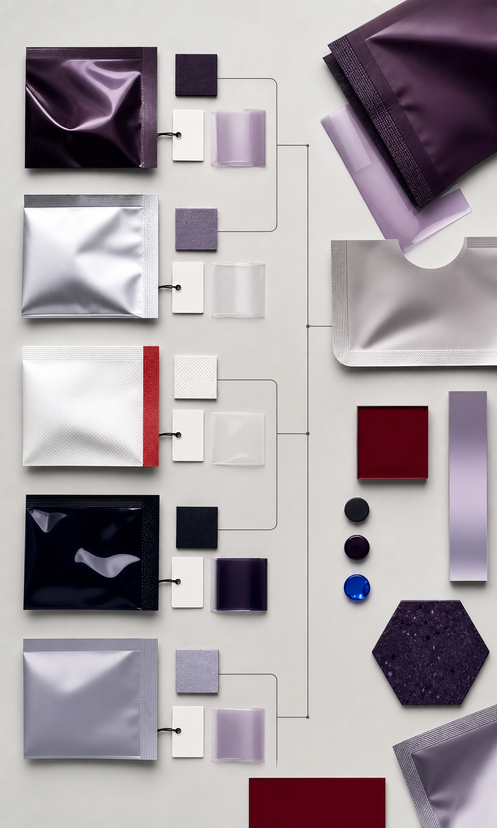 Organized flexible packaging samples and material specimens